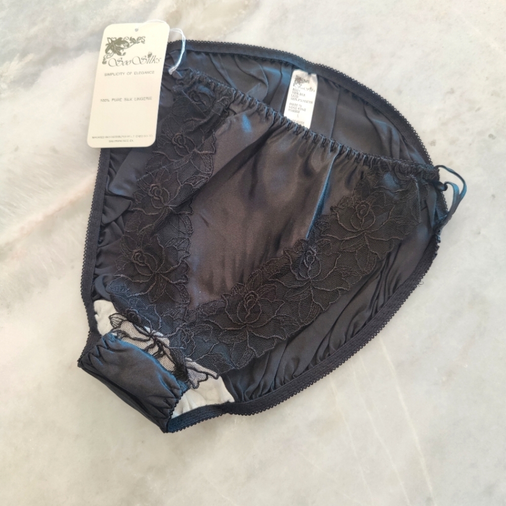 NWT Silk Panties with Floral Lace Trim | Vintage Satin Briefs- Black